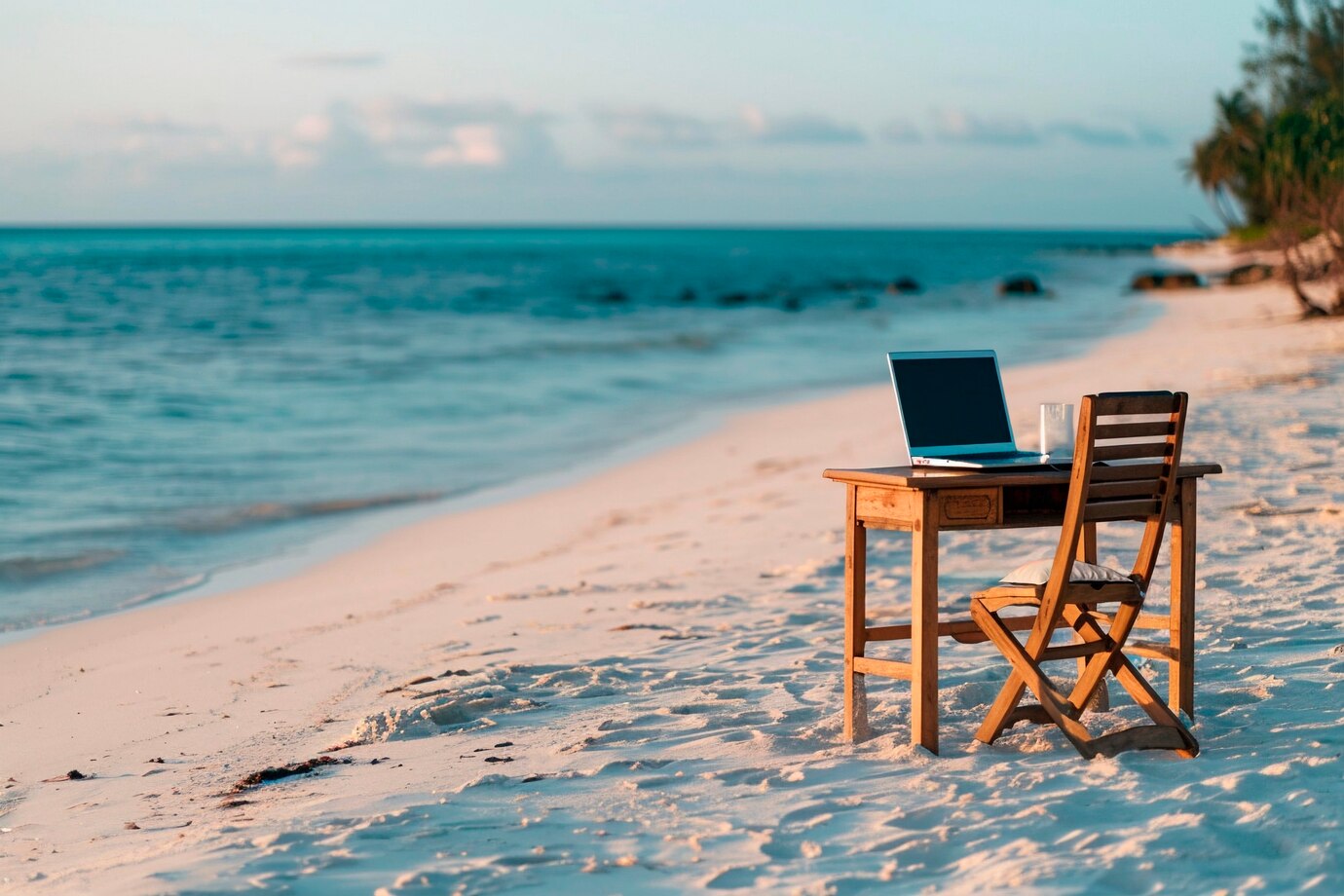 Equipamiento para trabajo nómada: mesa y silla plegable, portátil en una playa de arena frente al mar